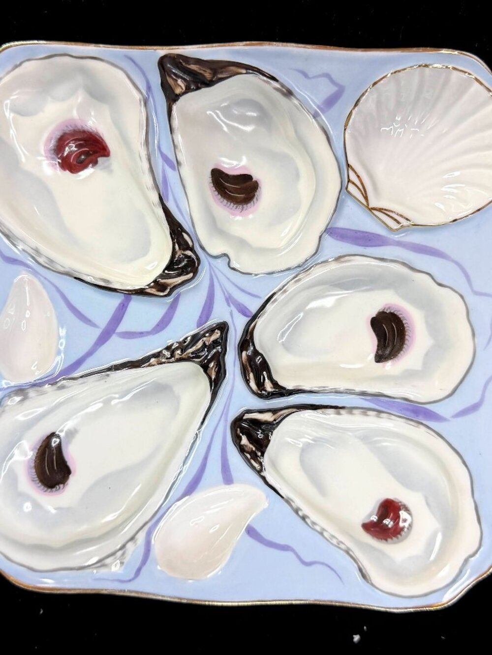 Antique German Registrirt 5-Well Oyster Plate Blue Purple Ribbon A1266